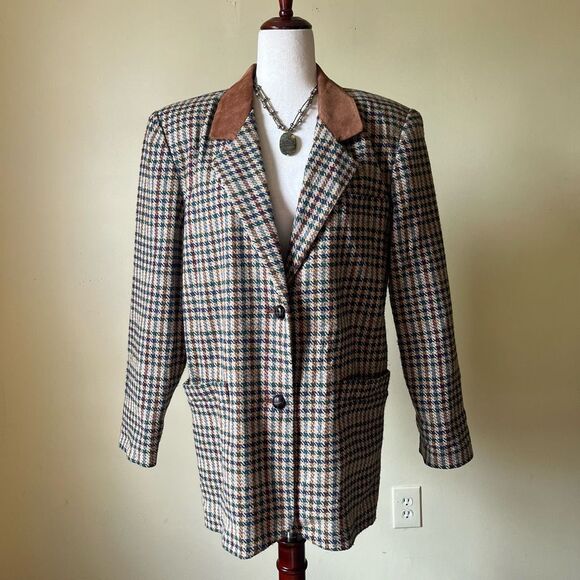 Vintage Jackets & Blazers - Vintage 90s Wool Blazer Jacket Suede Collar Tan Green Houndstooth Plaid Medium